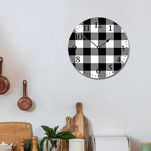 Miniatura 6 de ArogGeld Qx554bcsx7h0 - Reloj de pared a cuadros de búfalo blanco y negro de 10 pulgadas, funciona con pilas, sin tictac, madera de granja vintage,