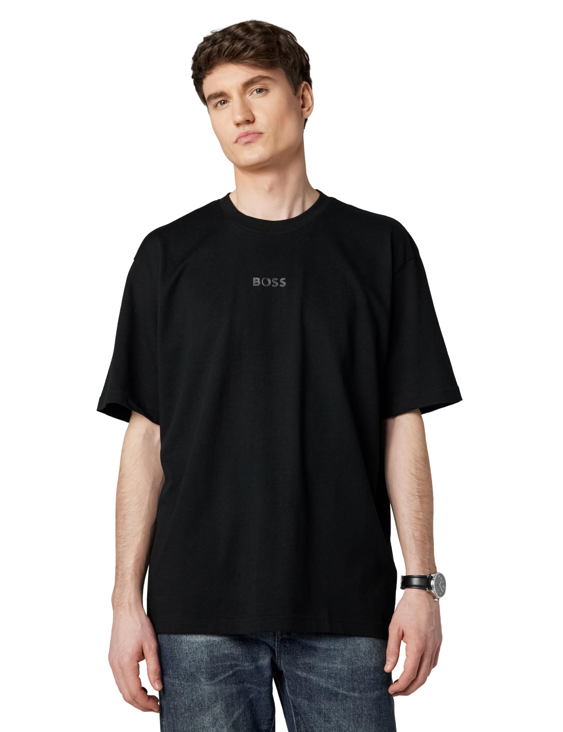 

                                                    BOSS, Tonal Center Logo Cotton T-Shirt, Pitch Blac