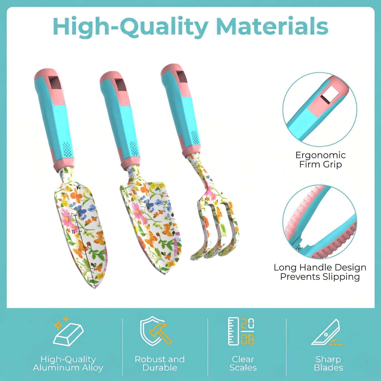 Set di 9 attrezzi da giardinaggio, utensili a mano in lega di alluminio, con borsa da giardino, set di attrezzi per esterni robusti con impugnatura ergonomica