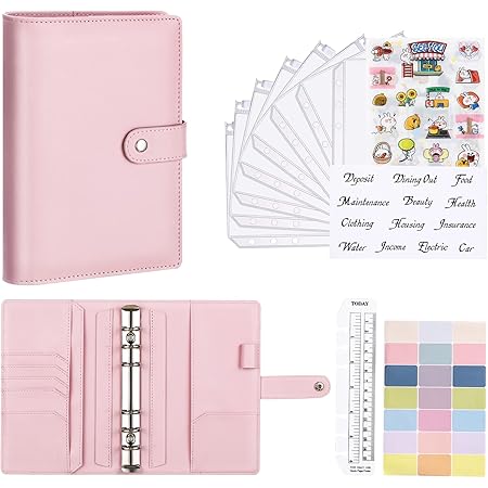TiMOVO A6 Budget Binder Planner, 6 Ring Notebook Binder Pockets Budget Envelopes PU Leather Folder 8 pcs Loose-Leaf Clear Plastic Pockets & 12 Budget ...