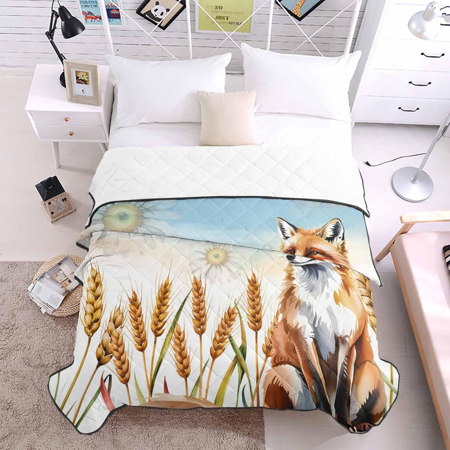 Quilt California King Luxury Quilted Comforter Bedspread-Thin Soft Cozy, Fall Rustic Watercolor Daisy Wheat Fox Blue Gradient Sky Reversible Stitched Lightweight Quilt Coverlet for All Season