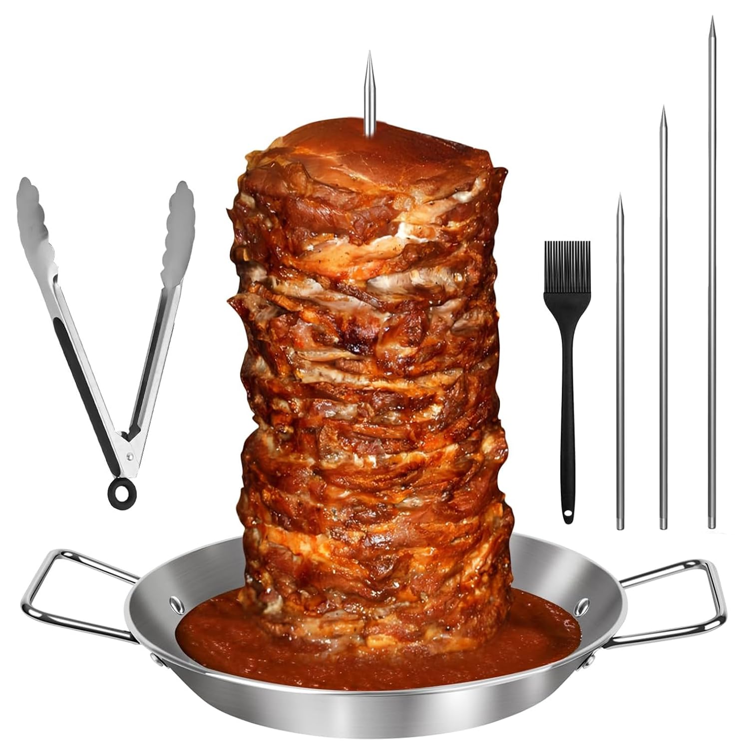 Vertical Kebab Plate and Skewer Stand, Stainless Steel Chicken Skewers Pan, BBQ Skewer Rack with Handle, Grill Plate Stand for Whole Chicken Fish Sausage Steak