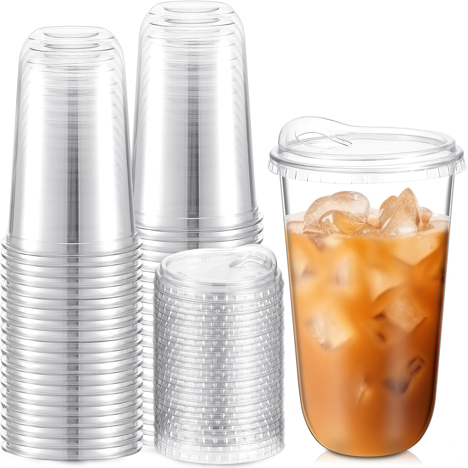 Baderke Clear Plastic Cups with Strawless Sip Lids Disposable Round Bottom Togo Cups for Coffee Smoothie Cold Beverage Coffee Shops and Party Catering(18 oz,50 Pcs)