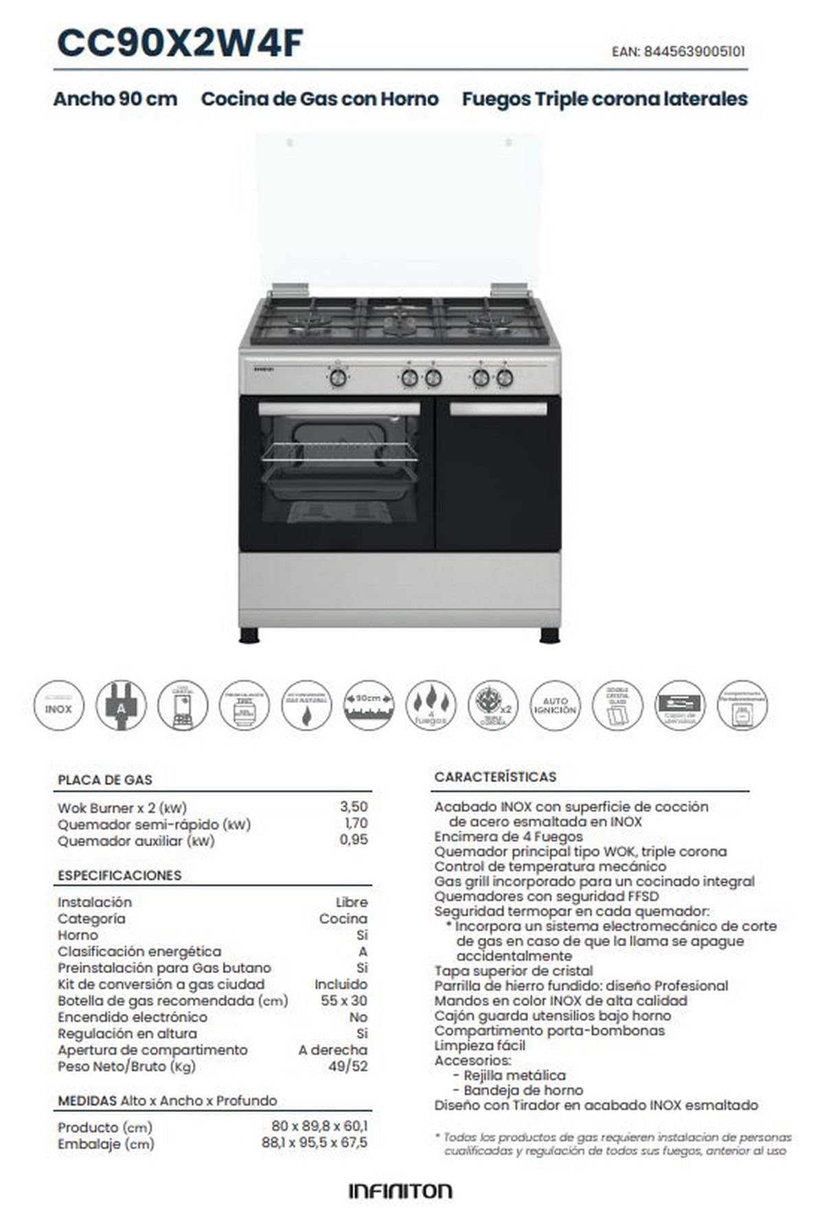 INFINITON Cocina con Horno de Gás CC90X2W4F, 4 Zonas, Quemador Wok, Ancho de 90 cm, Regulación en altura, Limpieza fácil, Compartimento porta-bombonas
