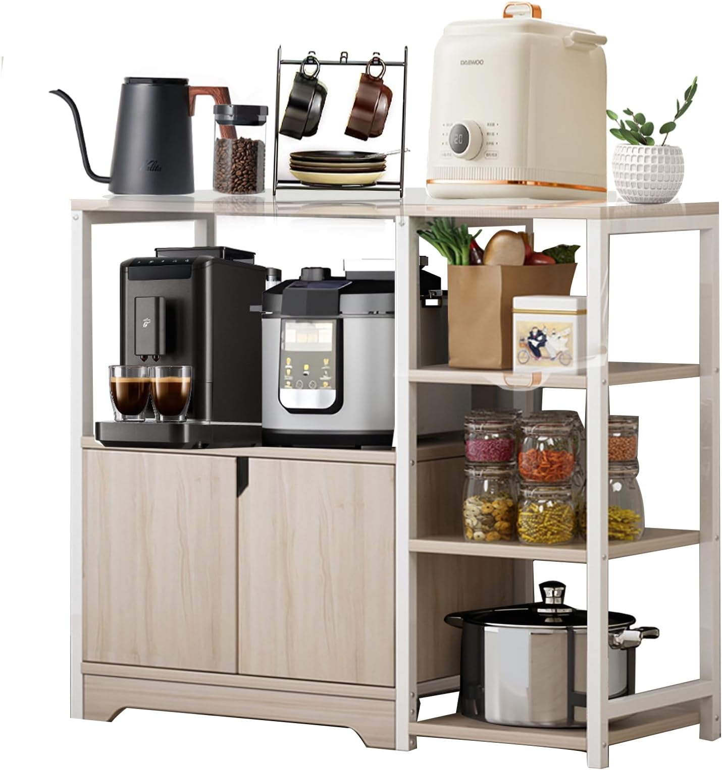 ZUIHAO Home Kitchen Shelf Rack with Cabinet with Door and Shelves, Wooden 3-Tier Microwave Oven Stand,Freestanding Storage Shelves for Kitchen, Bathroom, Home, Living Room,Beige