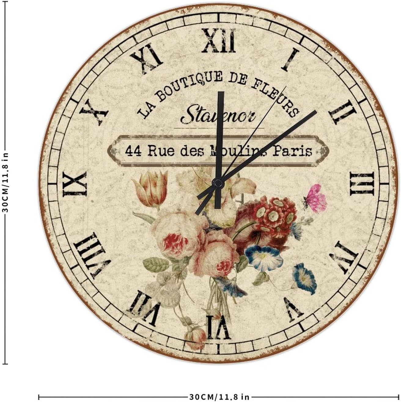 Flower Clock France Country Rustic Style Wall Clock Vintage Floral Wood Clock Round Farmhouse Wall Clock Non Ticking Silent Wooden Home Decor for Bedroom Bathroom Kitchen Living Room 12 Inch