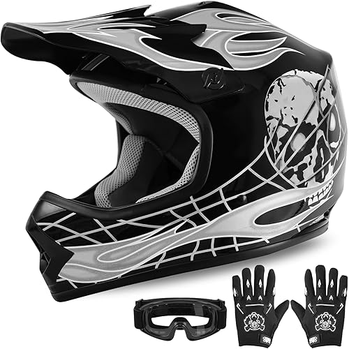 XFMT DOT Youth Kids Dirt Bike Helmet Full Face Motocross Helmets for Off-Road ATV Street Bike Four Wheeler Motorcycle with Goggles & Gloves, Black Skull Small