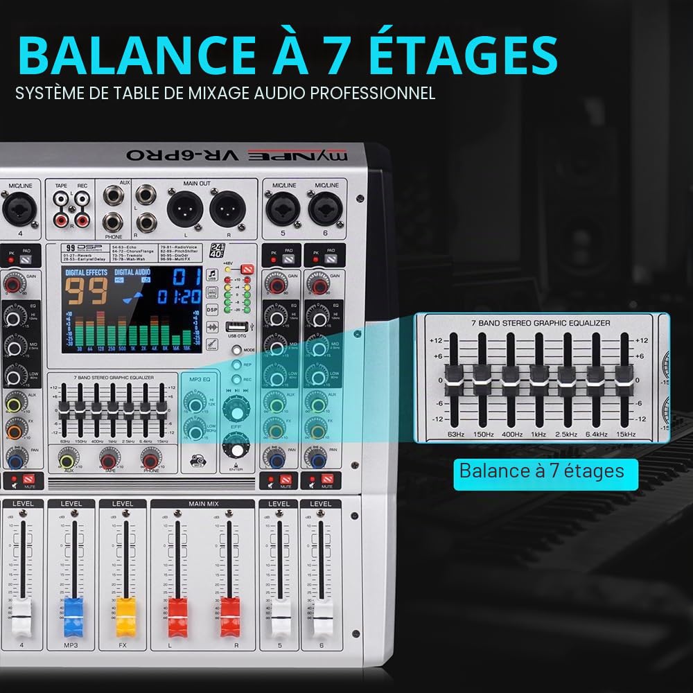 VR-6 PRO Table de mixage audio - Amplificateur de sortie haute puissance 550W x 2, 99 effets DSP, Console DJ audio Bluetooth, Grand écran spectre affichage, Tuner DJ à réduction intelligente