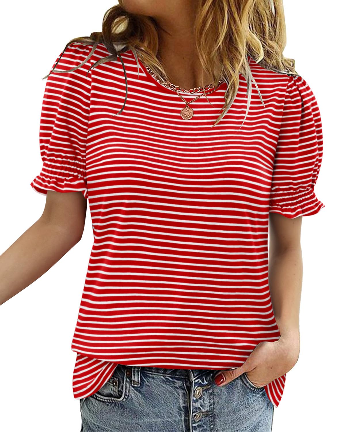 CRAZY GRID Women's Summer Tops Ruffle Short Sleeve 2025 Casual Knit Loose Fit T-Shirt