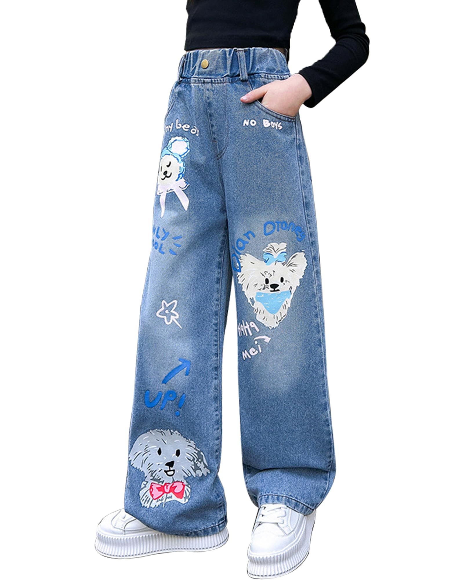 Dziewczęce dżinsy z szerokimi nogawkami, luźny krój, dżinsy, styl vintage, luźne, szerokie nogawki, streetwear z kieszeniami, elastyczny ściągacz