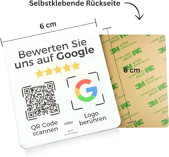 Stand / Sticker Card for Google Reviews – with QR Code and NFC – 6 x 6 cm (2x Pack White German)