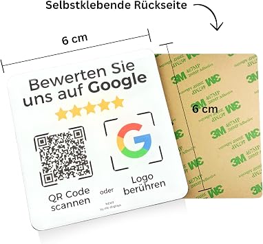 Stand / Sticker Card for Google Reviews – with QR Code and NFC – 6 x 6 cm (2x Pack White German)