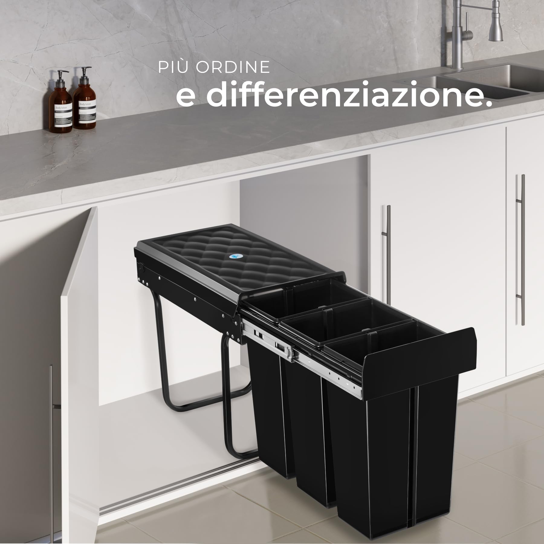tectake® Pattumiera Differenziata per Cucina, 3 Scomparti, Plastica Robusta, Guide Telescopiche, Mobile Salvaspazio Cucina Con Contenitori Differenziata - 3 vie, 30L