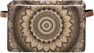 Cesta de almacenamiento con estampado de mandala, de lona, plegable, con asas, color marrón