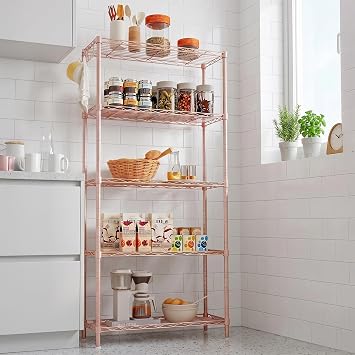 Metal Shelves Wire Shelving,5 Tier Adjustable Heavy Duty Steel Wire Storage Shelves,Storage Rack Standing Shelf Units for Garage,Kitchen,Laundry,Closet,Bathroom,Easy Assembly Light Pink, 54*29*150cm