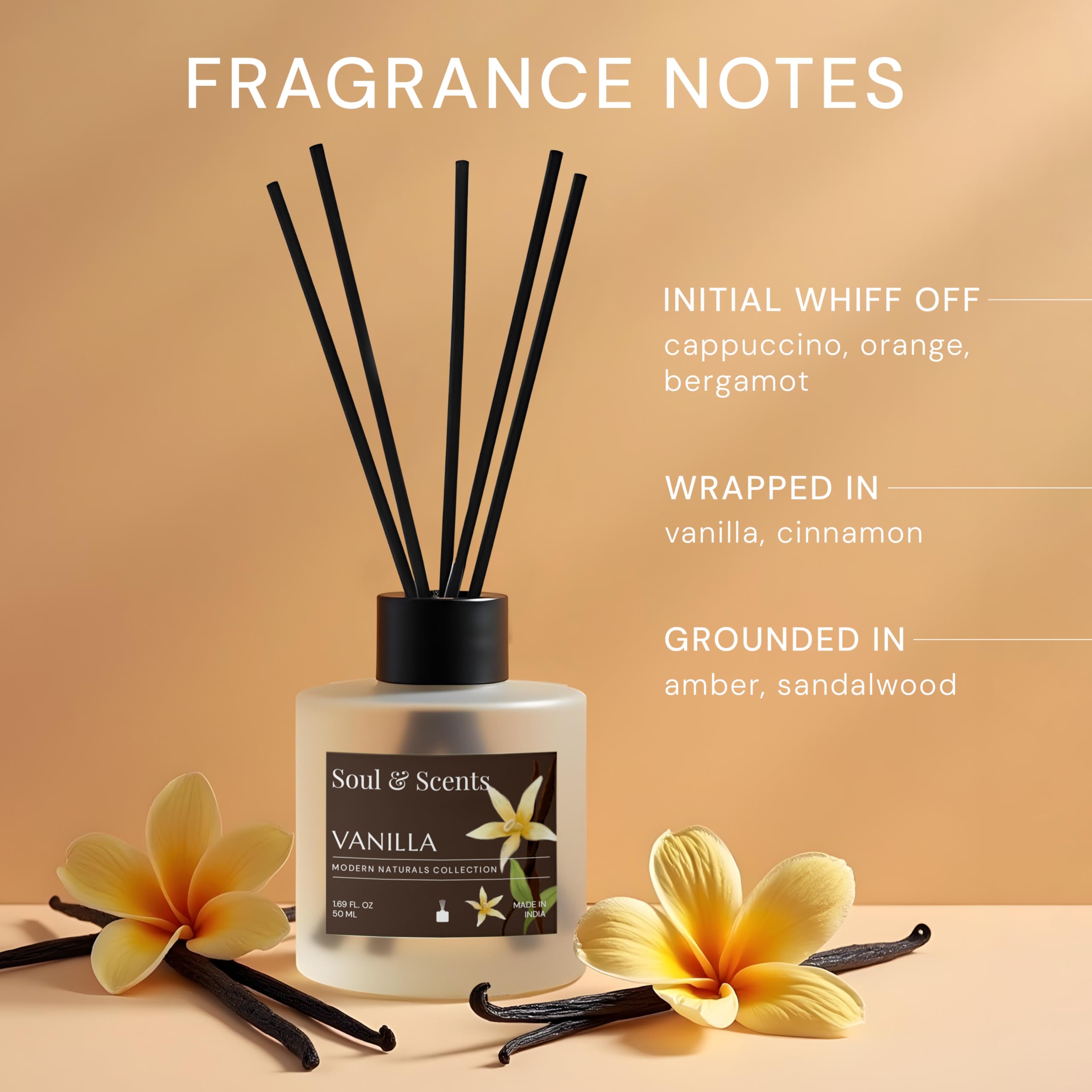 Soul & Scents 50ml Vanilla Reed Diffuser Set | Blend of Toasted Coconut, Vanilla & Musk | Get 5 Rattan Reed Sticks | Smoke Less Room Freshener for Home, Bedroom, Living Room & Office 1