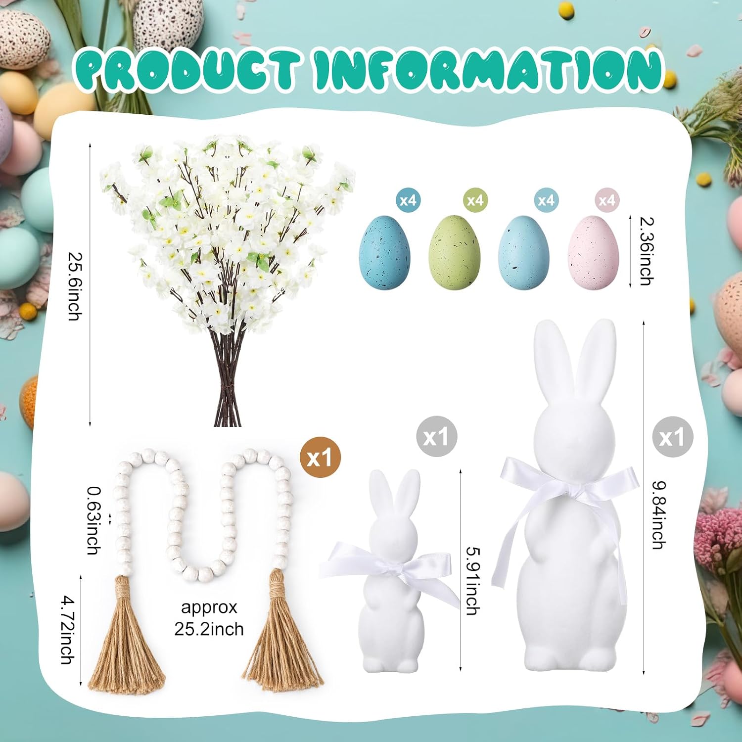 Civaner 29 Pcs Easter Table Centerpiece Spring Tray Decoration Includes 2 Flocked Bunnies, 16 Pastel Speckled Eggs, 10 Peach Blossom Branches and 1 Wooden Beads Garland for Spring Indoor Home(White)