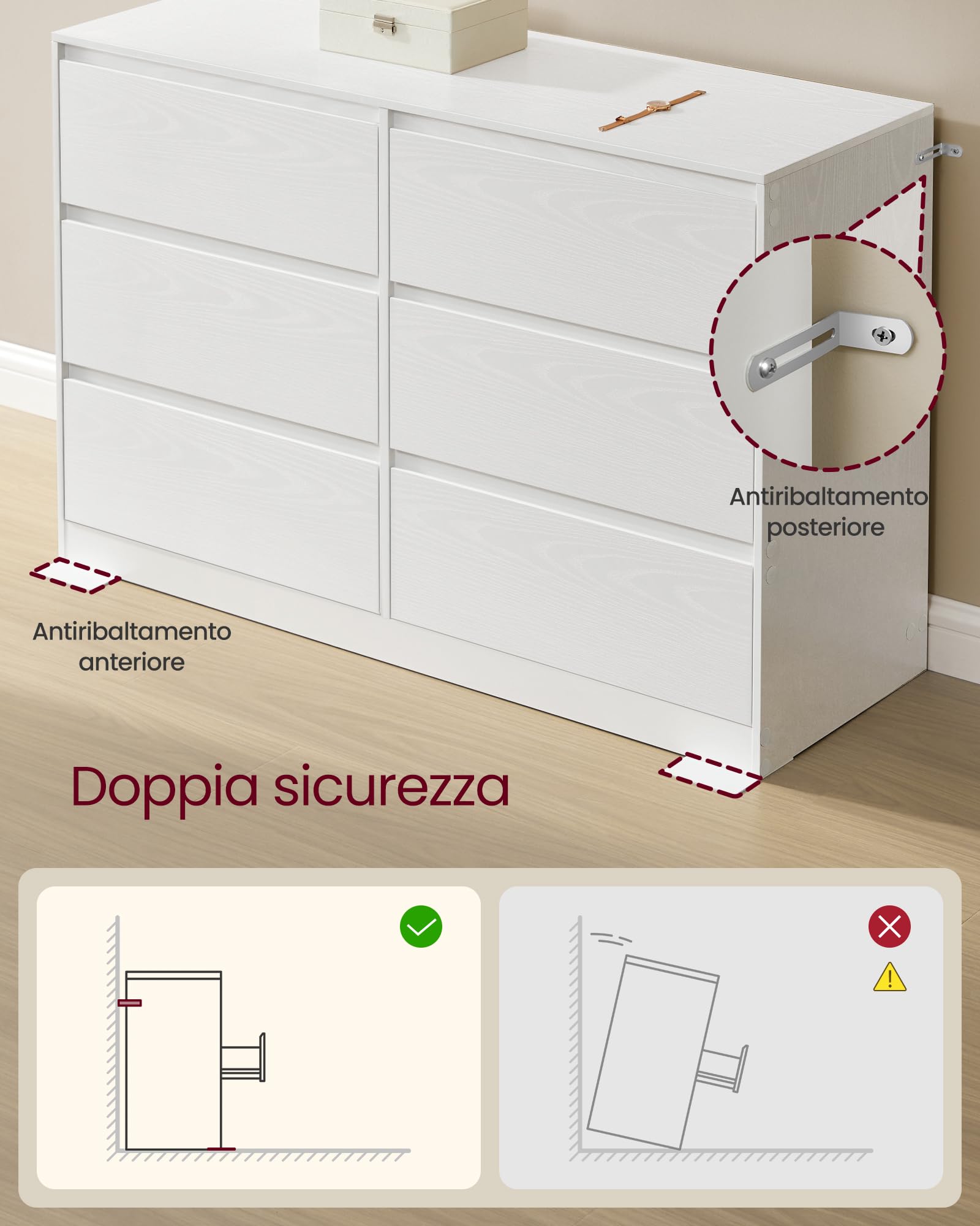 VASAGLE KAILYN Collezione - Cassettiera con 6 Cassetti, Comò Mobile con Cassetti, Porta Abiti, 40 x 119,4 x 75 cm, Stile Moderno, Bianco Neve LTS616W01