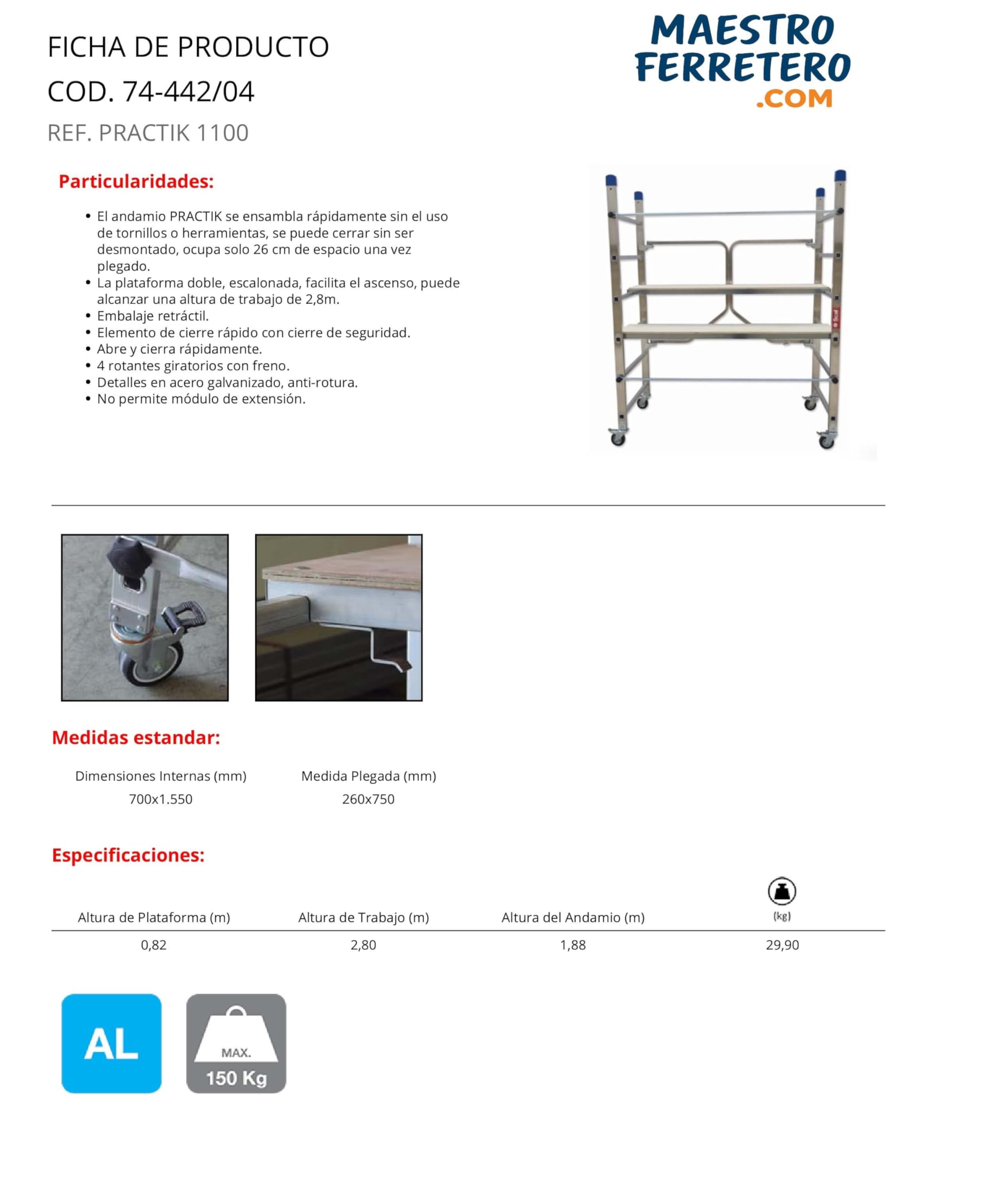 Andamio móvil PRACTIK 1100 de aluminio con plataforma 1,10 m y altura de trabajo 3,10 m