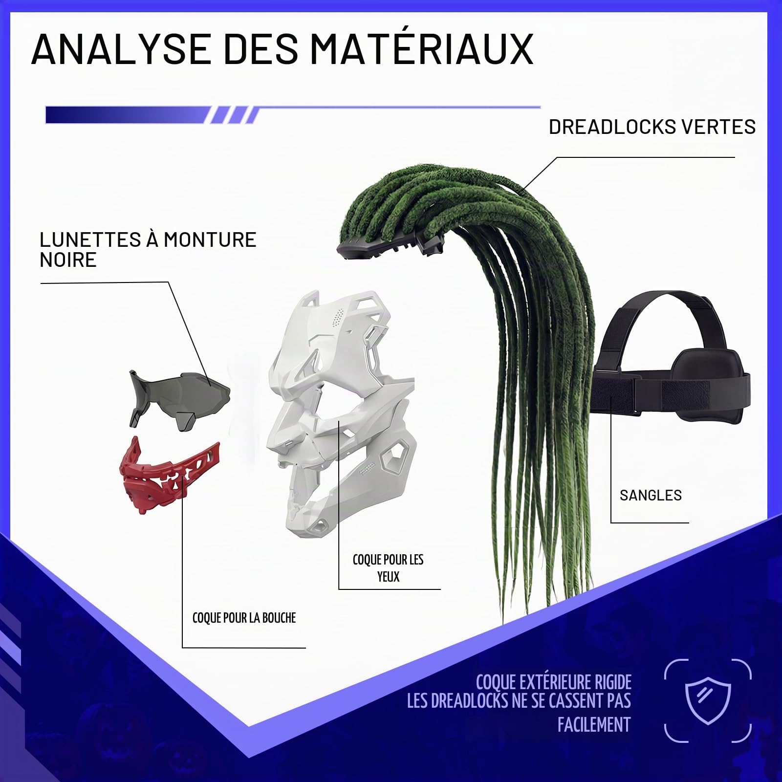 Masque de clown Joker pour Halloween style mech dreadlocks pour adulte - Masque effrayant pour fête et cosplay
