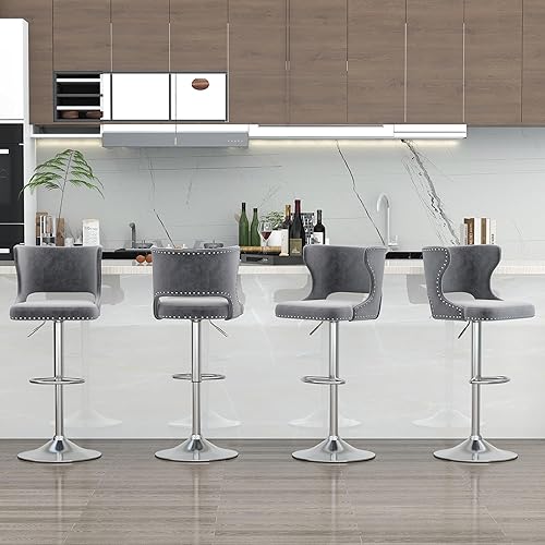 Miniatura 9 de Westice Juego de 2 taburetes de bar, taburetes de bar giratorios de terciopelo ajustables con respaldo hueco, ribete de remache y base cromada