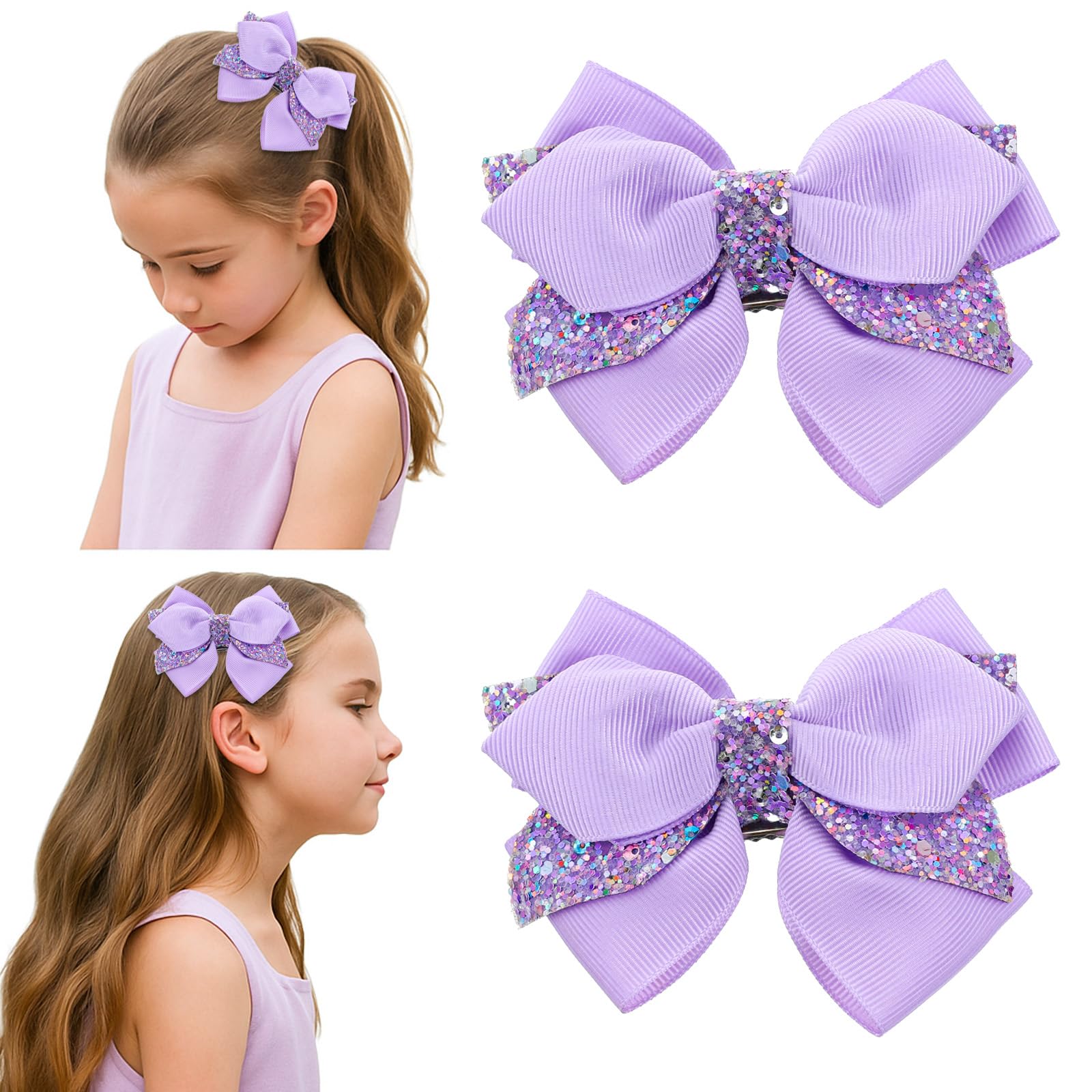 Photo 1 of 2 Pcs 3.94 Inch Purple Hair Bow Clips, Sequin Alligator Barrettes Glitter Large Hair Bows Pins for Girls Teens Toddler Kids Fall Halloween Mermaid Costume Decor Accessory Birthday Gift