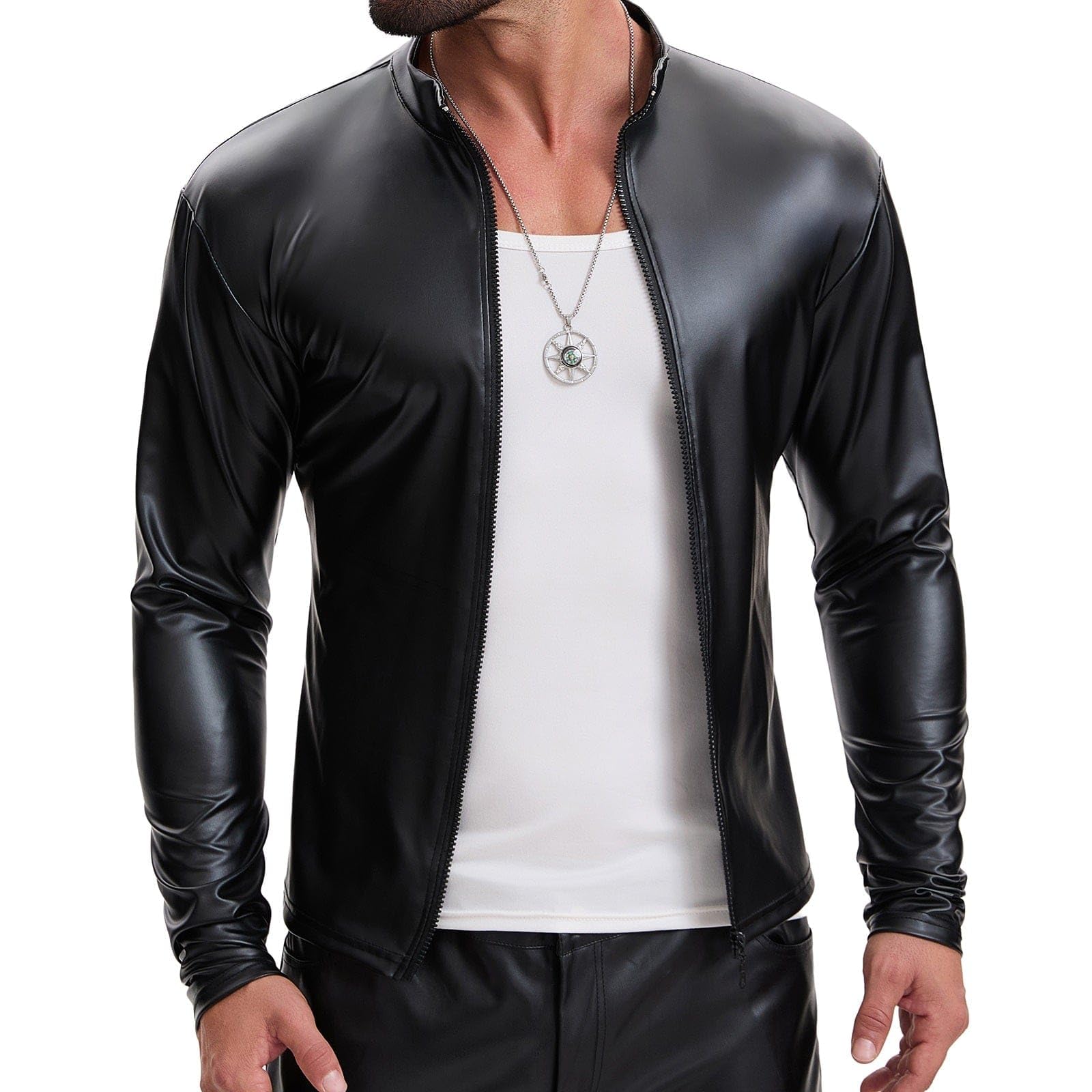 Chaqueta de cuello alto de cuero suave brillante para hombre, camisa de manga larga con cremallera completa, color liso elástico casual