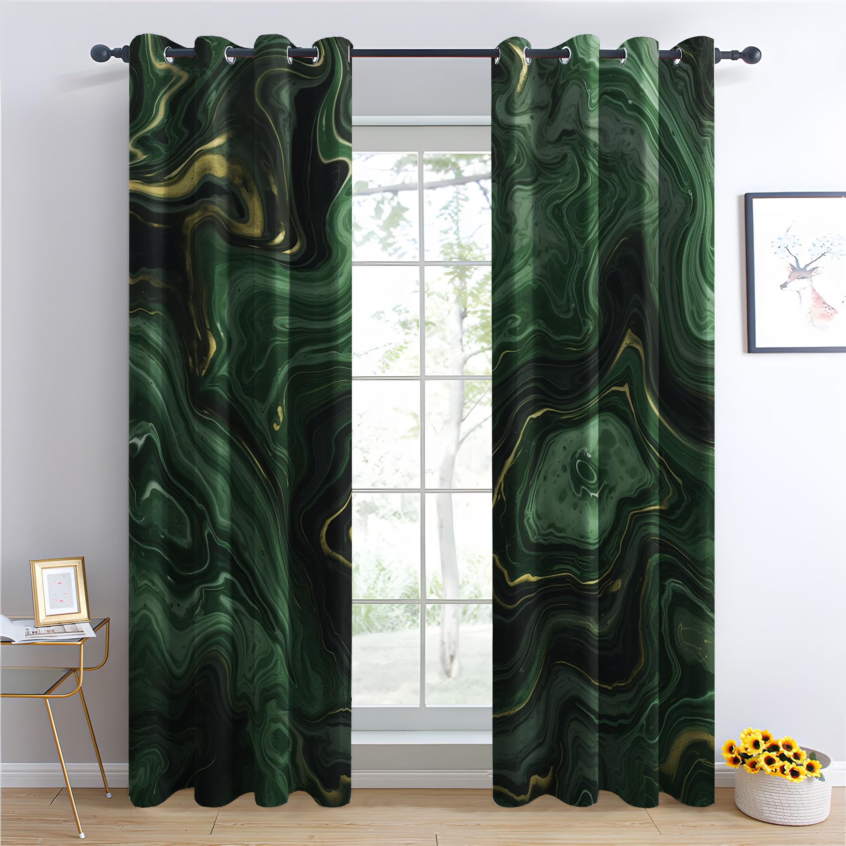 QEODAH Marble Blackout Curtains for Bedroom - Emerald Green and Gold Marble Swirl Agate Living Room Curtains 90x90 Eyelet - Soft Thermal Insulated Patterned Drapes for Windows - 2 Panels