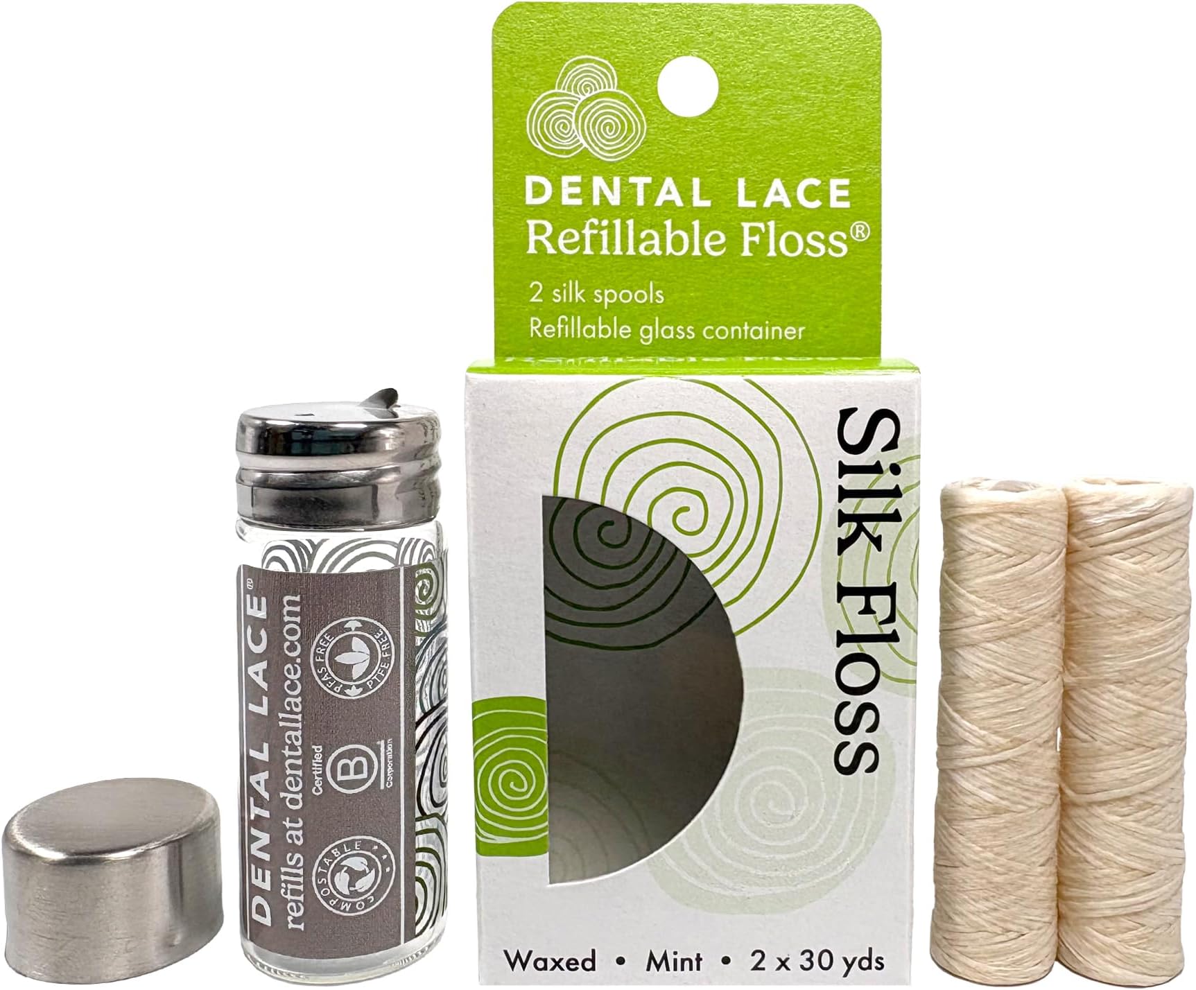 Dental Lace Refillable Silk Dental Floss – 100% Silk Floss with Mint Flavor, PFAS & PTFE Free – Includes 1 Refillable Glass Floss Container and 2 Spools (Total 60 Yards) – Recyclable Packaging