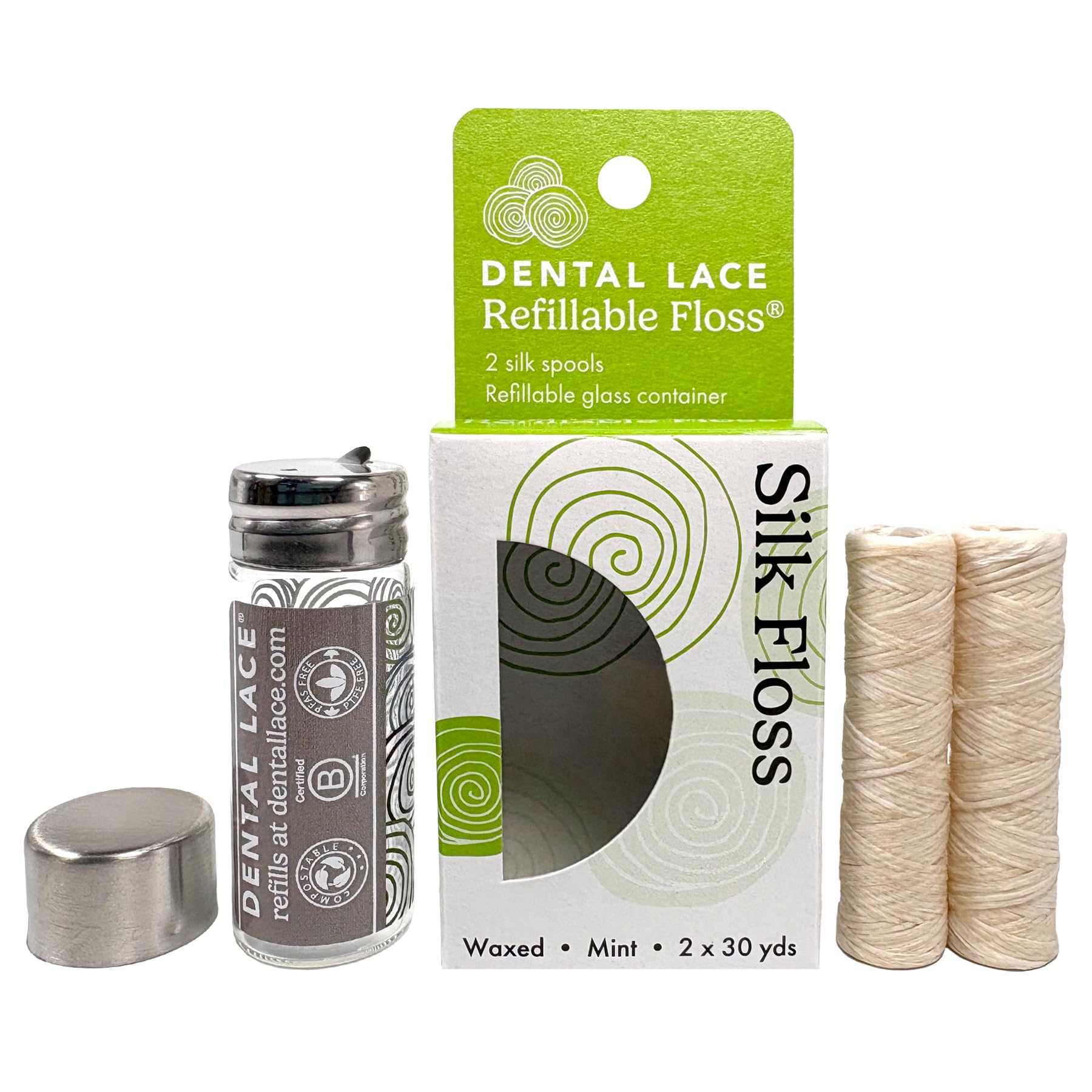 Dental Lace Refillable Silk Dental Floss – 100% Silk Floss with Mint Flavor, PFAS & PTFE Free – Includes 1 Refillable Glass Floss Container and 2 Spools (Total 60 Yards) – Recyclable Packaging