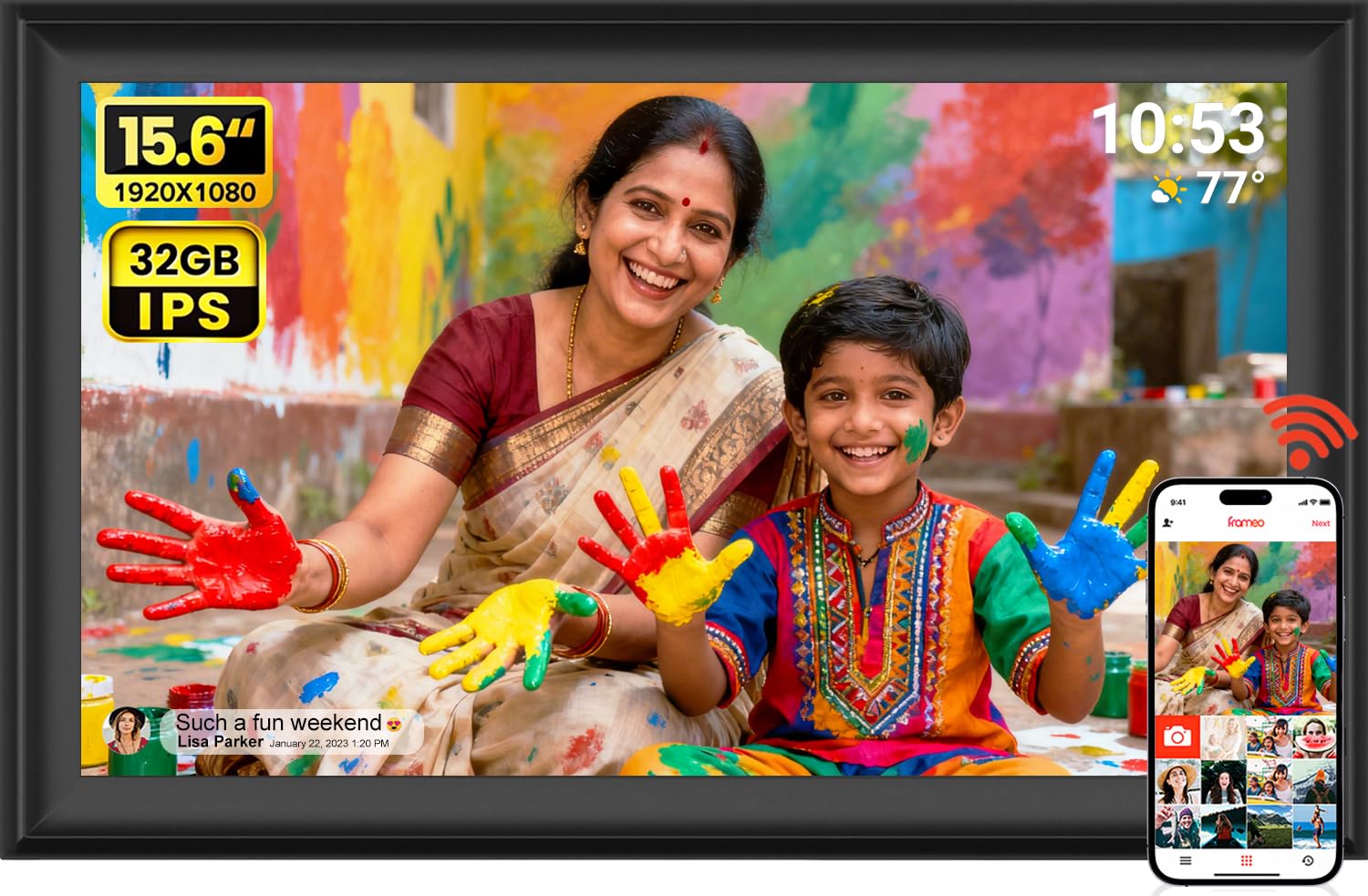AKImart 15.6 Inch 32GB Large Digital Photo Frame, Digital Picture Frame WiFi, IPS HD Touch Screen, Photo Frame with Auto-Rotate Instant Share Photo/Video Sharing via Frameo App, Gift for Mom