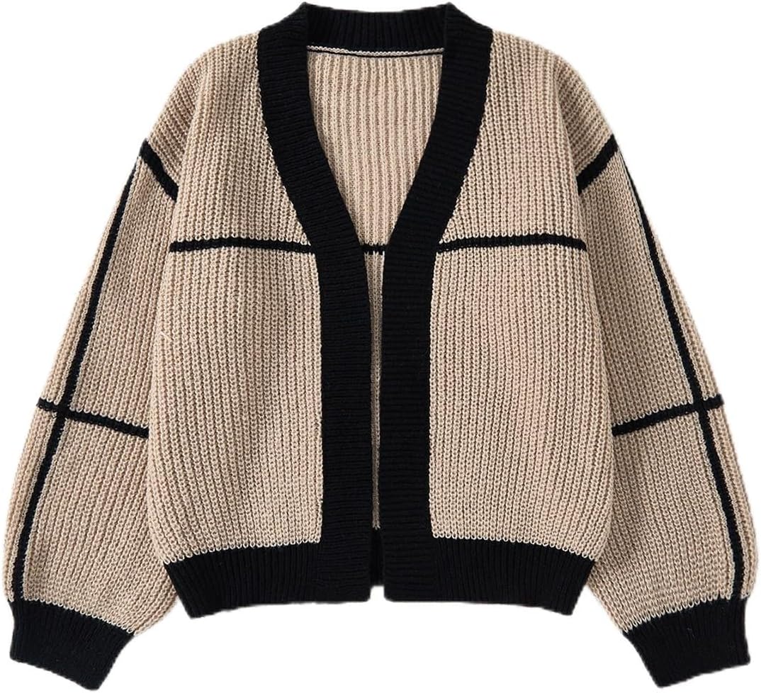 SEGT Women's Chunky Knit Open Front Color Block Long Sleeve Loose Short Cropped Cardigan Sweaters