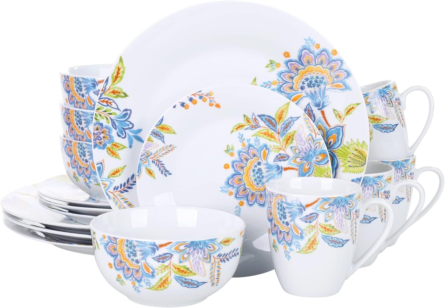 VEWEET 16-Piece Porcelain Dinnerware Set, Dinnerware Set with Dinner Plate, Dessert Plate, Bowl, Mug for Party, Feast, Family Gatherings, Service for 4, Series HALLIE
