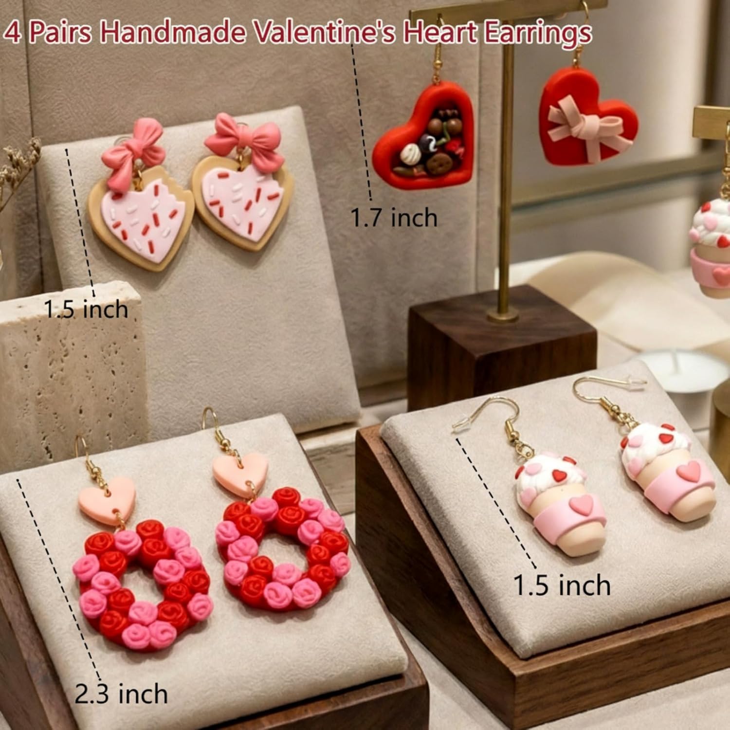 Cunno 4 Pairs Cute Love Earrings for Women Polymer Clay Earrings Handmade Heart Jewelry Gifts for Mother Mom Wife Accessories(Valentine Day) - Image 7