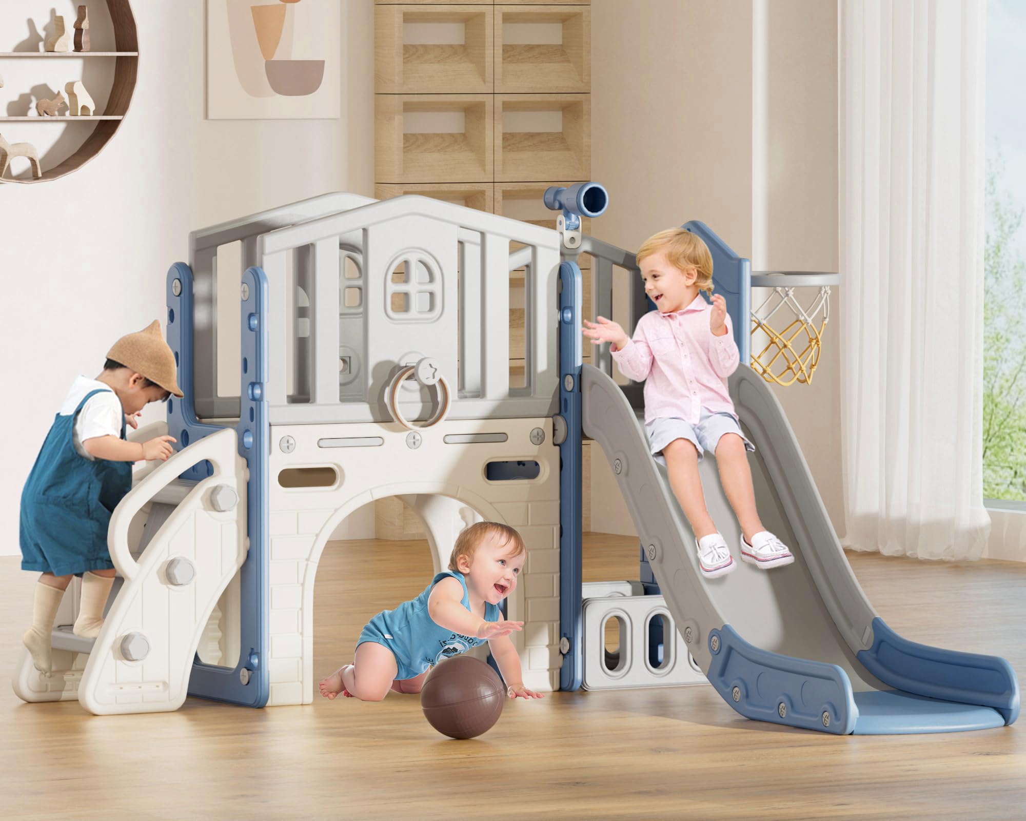 XJD 8 in 1 Toddler Slide, Kids Slide for Toddlers Age 1-3, Toddler Play Climber Slide Playset with Basketball Hoop and Ball,Toddlers Outdoor Indoor Playground (Blue)