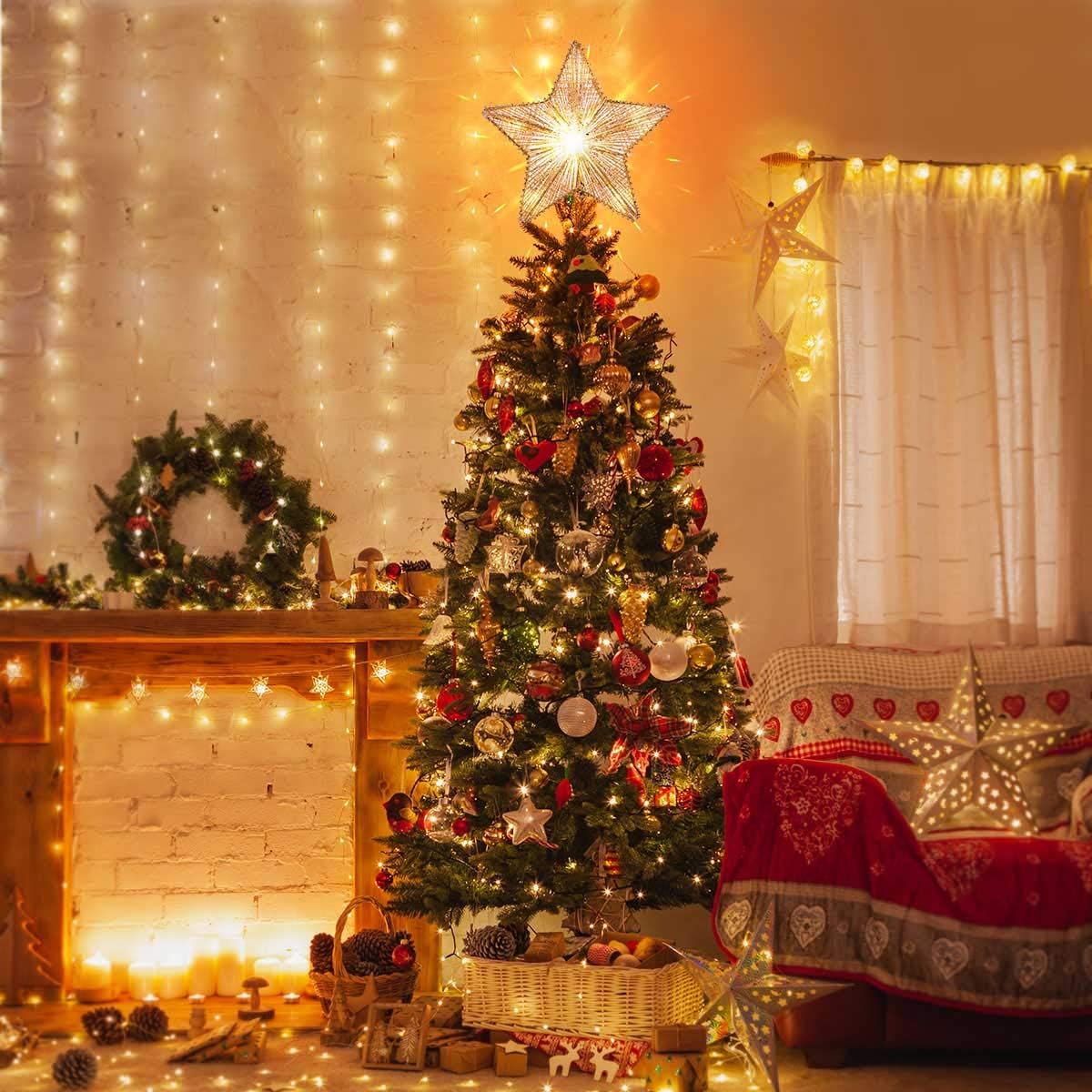 MAOYUE Christmas Tree Topper Lighted, Star Tree Topper with 10 LED Lights, Sliver Glittered Christmas Tree Decorations for Indoor Home Décor