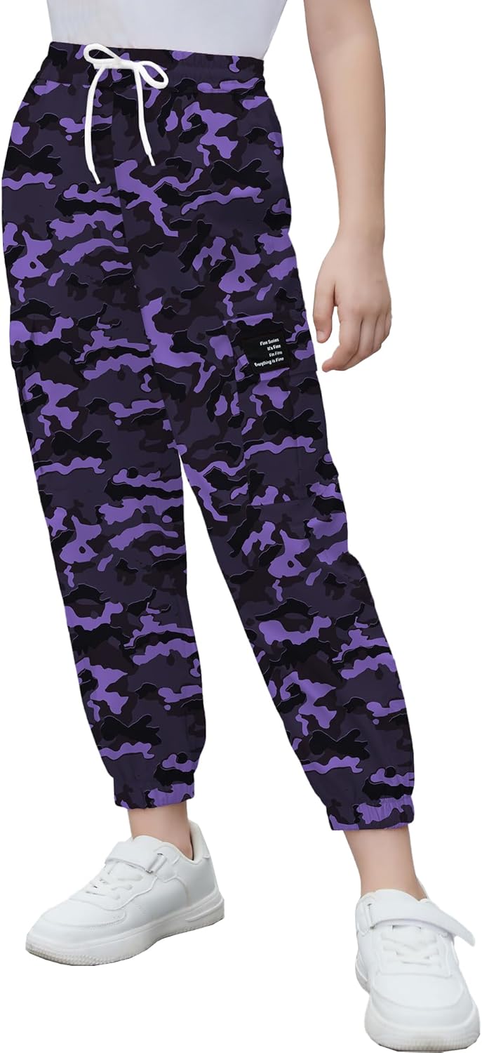 Cromoncent Girls & Womens Camo Print Cargo Pants Outdoor Lightweight Jogger Baggy Pants, 6 Years - XX-Large