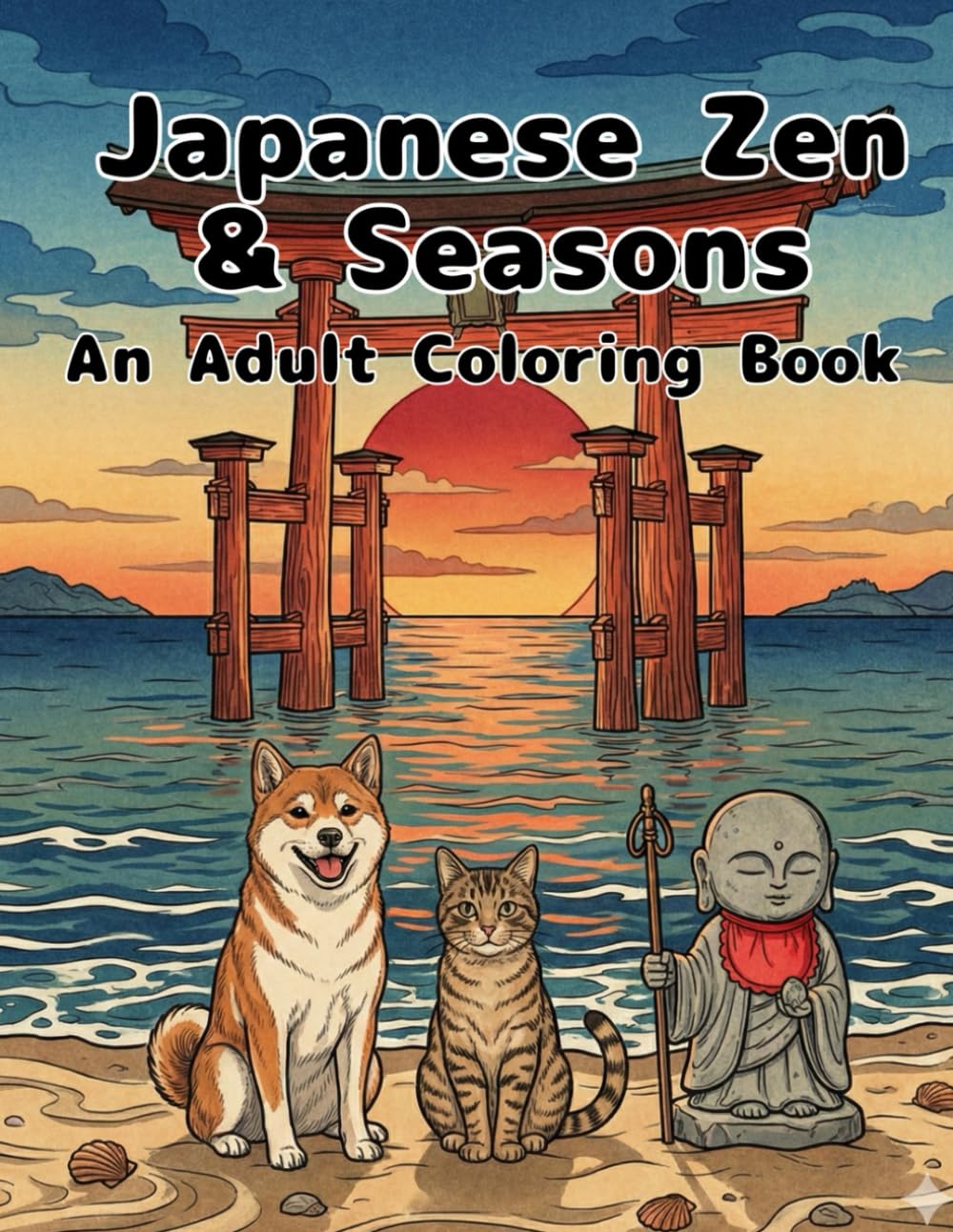 Japanese Zen & Seasons , An Adult Coloring Book: Featuring Jizo Statues, Shiba Inu, and Cats in Traditional Ukiyo-e Style Landscapes for Stress Relief and Mindfulness