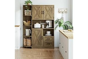 HOSTACK Wood Hutch: Freestanding Kitchen Pantry Storage Cabinet with Doors, Shelves, and Drawers