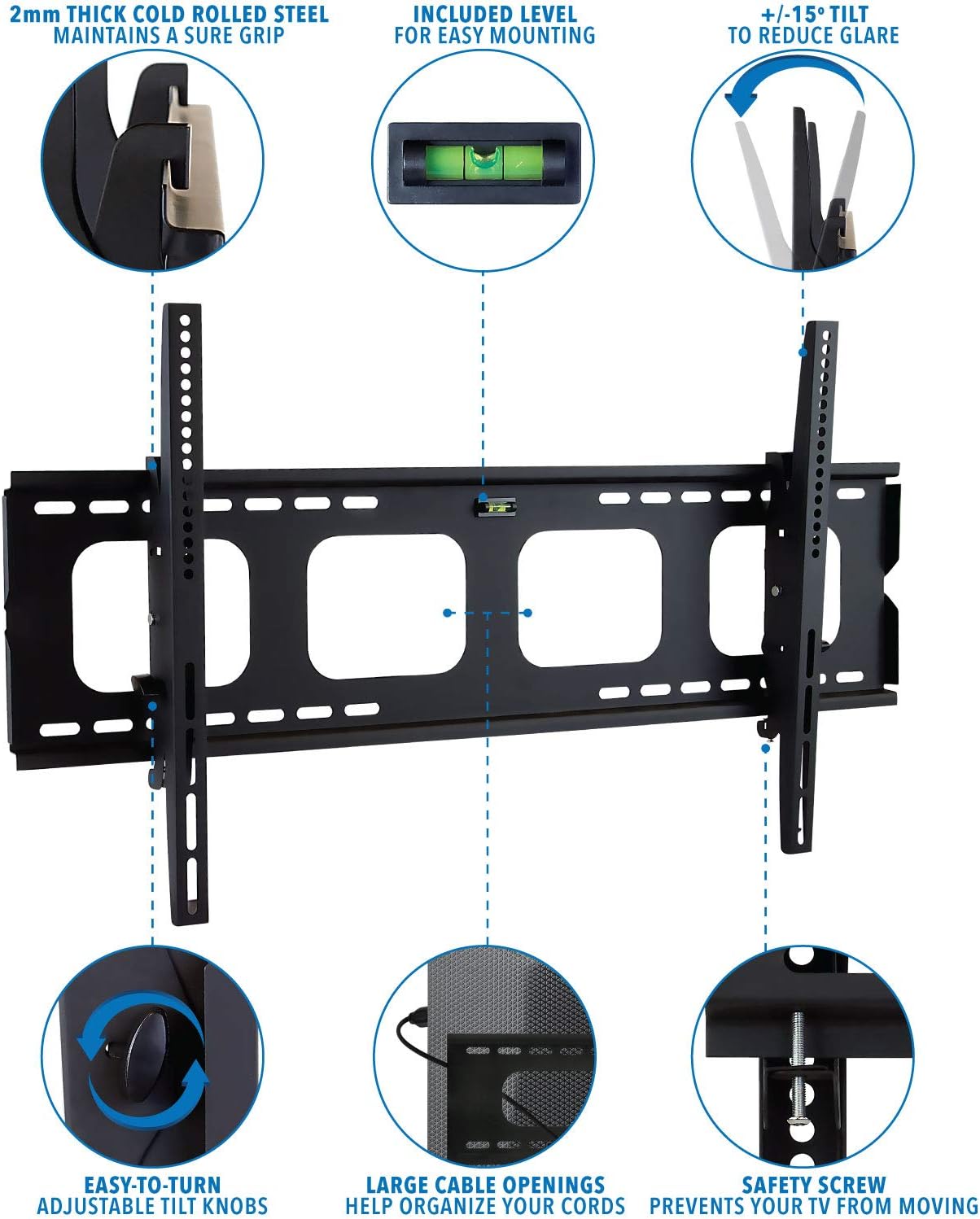 Mount-It! Tilt TV Wall Mount Bracket for 40-70 inch LCD, LED, or Plasma Flat Screen TV - Super-Strength Load Capacity 220 lbs - 15 Degree Tilt Up & Down, Max VESA 850x450 Free 6 ft HDMI Cable