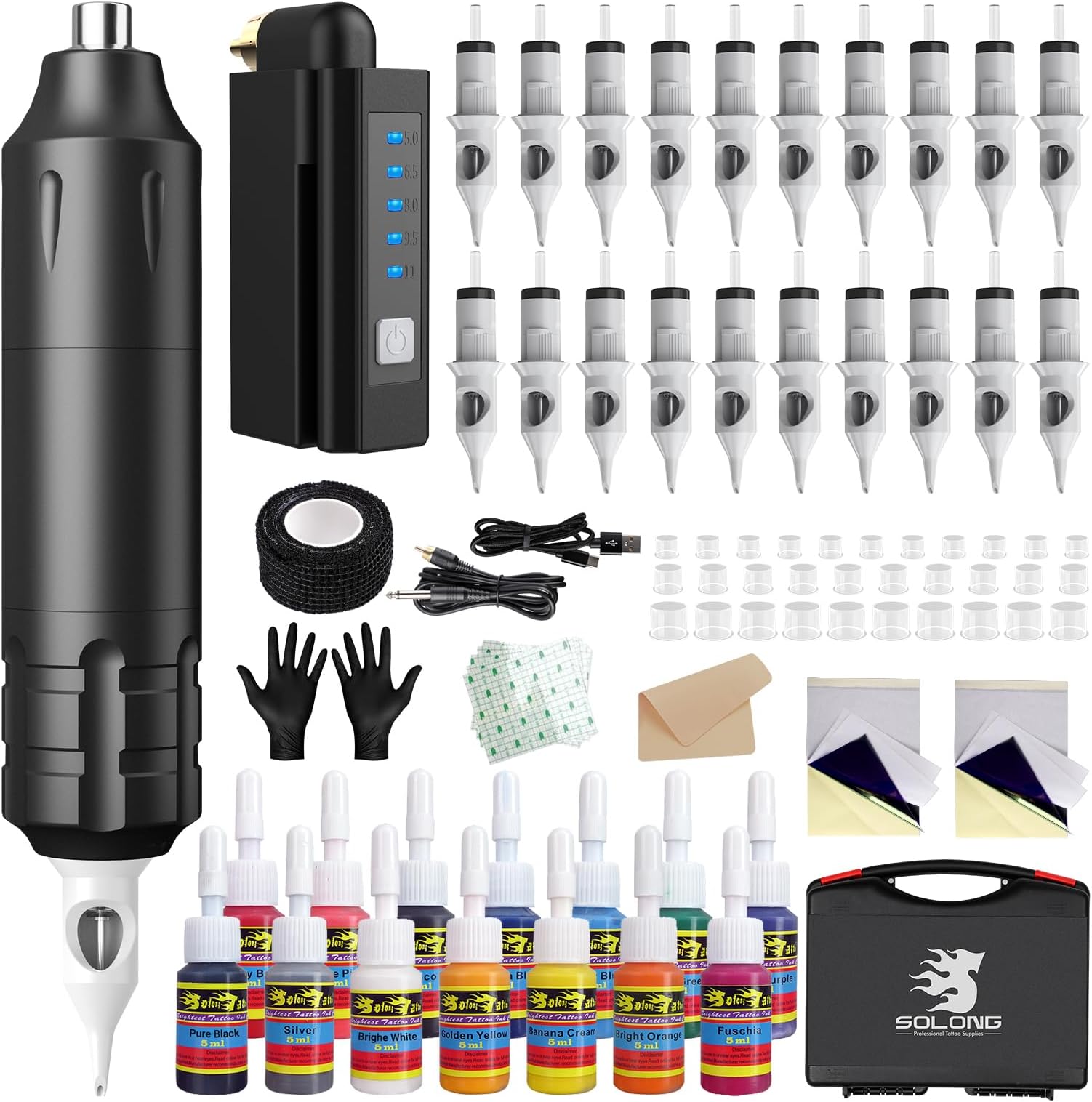 Kit-Tattoo Pen Kit Rotary Gun Machine Pen RCA with Wireless Battery 20Pcs Cartridge Mixed Needles Power Supply SLP1KIT02D-1-US