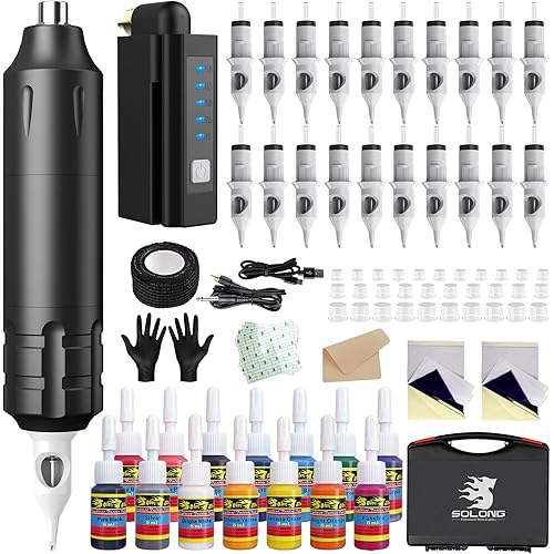 Solong Tattoo Kit-Tattoo Pen Kit Rotary Gun Machine Pen RCA with Wireless Battery 20Pcs Cartridge Mixed Needles Power Supply SLP1KIT02D-1-US