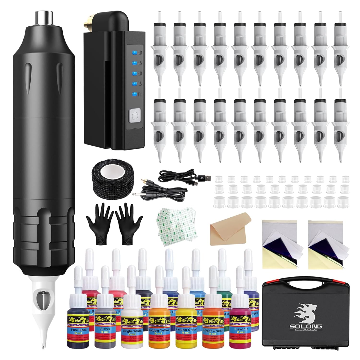 Solong Tattoo Kit-Tattoo Pen Kit Rotary Gun Machine Pen RCA with Wireless Battery 20Pcs Cartridge Mixed Needles Power Supply SLP1KIT02D-1-US
