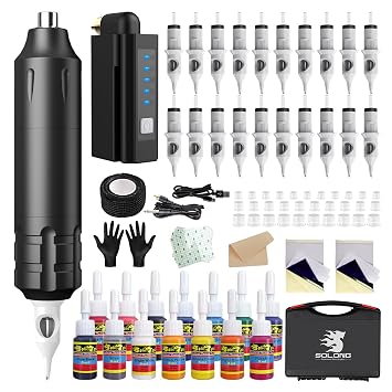 Solong Tattoo Kit-Tattoo Pen Kit Rotary Gun Machine Pen RCA with Wireless Battery 20Pcs Cartridge Mixed Needles Power Supply SLP1KIT02D-1-US