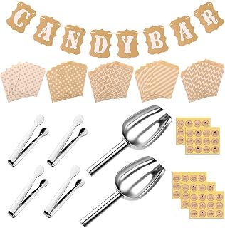 Candy Bar Zubehör, 4 Stücke Zuckerzange 2 Stücke Eisschaufel 50 Stück Candy Bar Tüten 5 Aufkleber und Candybar Girlanden, Candy Bar Deko, Candy Bar Komplett Set für Hochzeit Geburtstage Party Büfett