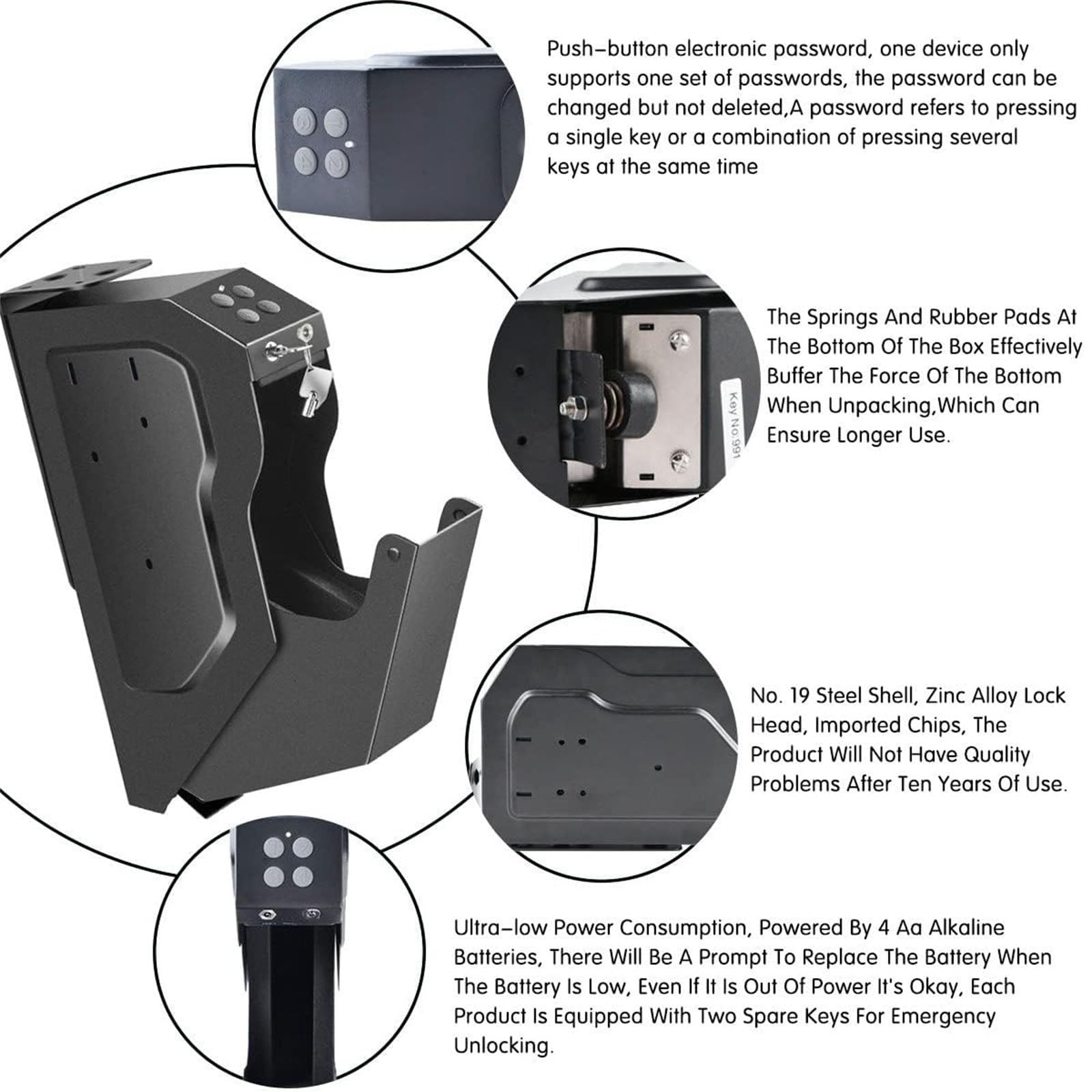 Coffre-Fort Portable pour Pistolets,Coffre-Fort pour Pistolets,étui pour Armes de Poing,avec Empreintes digitales, clé de Rechange, Verrouillage du Clavier, Noir, pour Table de Nuit, Chevet