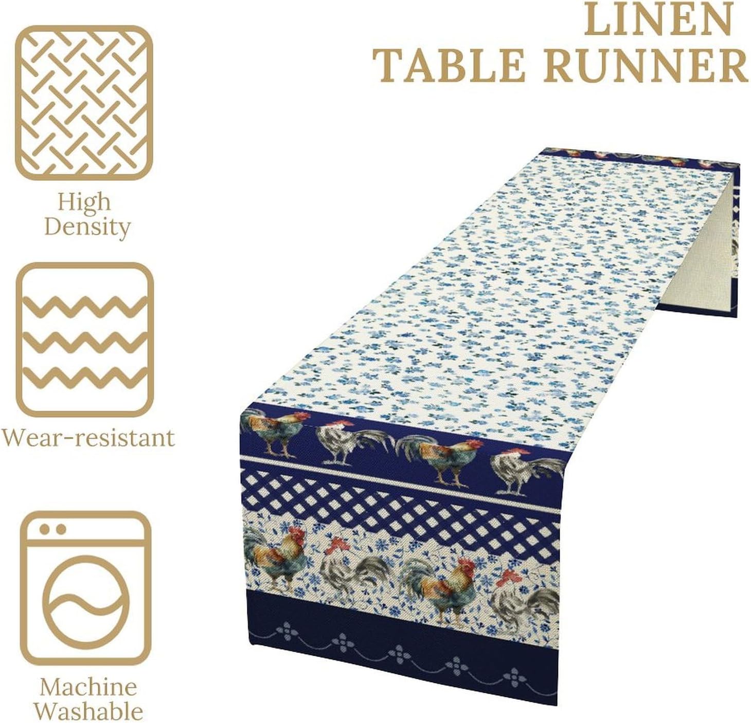 Rooster Farm Table Runner, Watercolor Blue Floral Modern Vintage Rustic Sunflower Chickens Table Decor Dining Kitchen Wedding Party 13x120 Inch