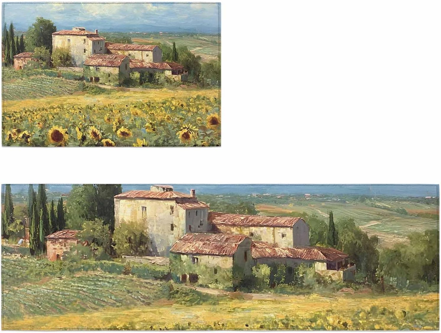 Kitchen Mats for Floor Farmhouse Sunflower Field Washable Non Slip Kitchen Rugs 2PCS, Rustic Natural Scene Oil Painting Absorbent Standing Mats for Sink Office Living Room 15.7x23.6in+15.7x47.2in