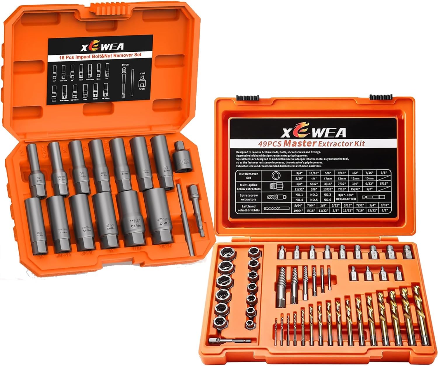 16 PCS Deep Bolt Extractor Set + 49PCS Screw & Bolt Extractor Set with Left Hand Drill Bit Set，Multi-Spline Easy Out Broken Bolt Remover Tools for Damaged Stripped Rounded-Off Bolts, Screws, Nut