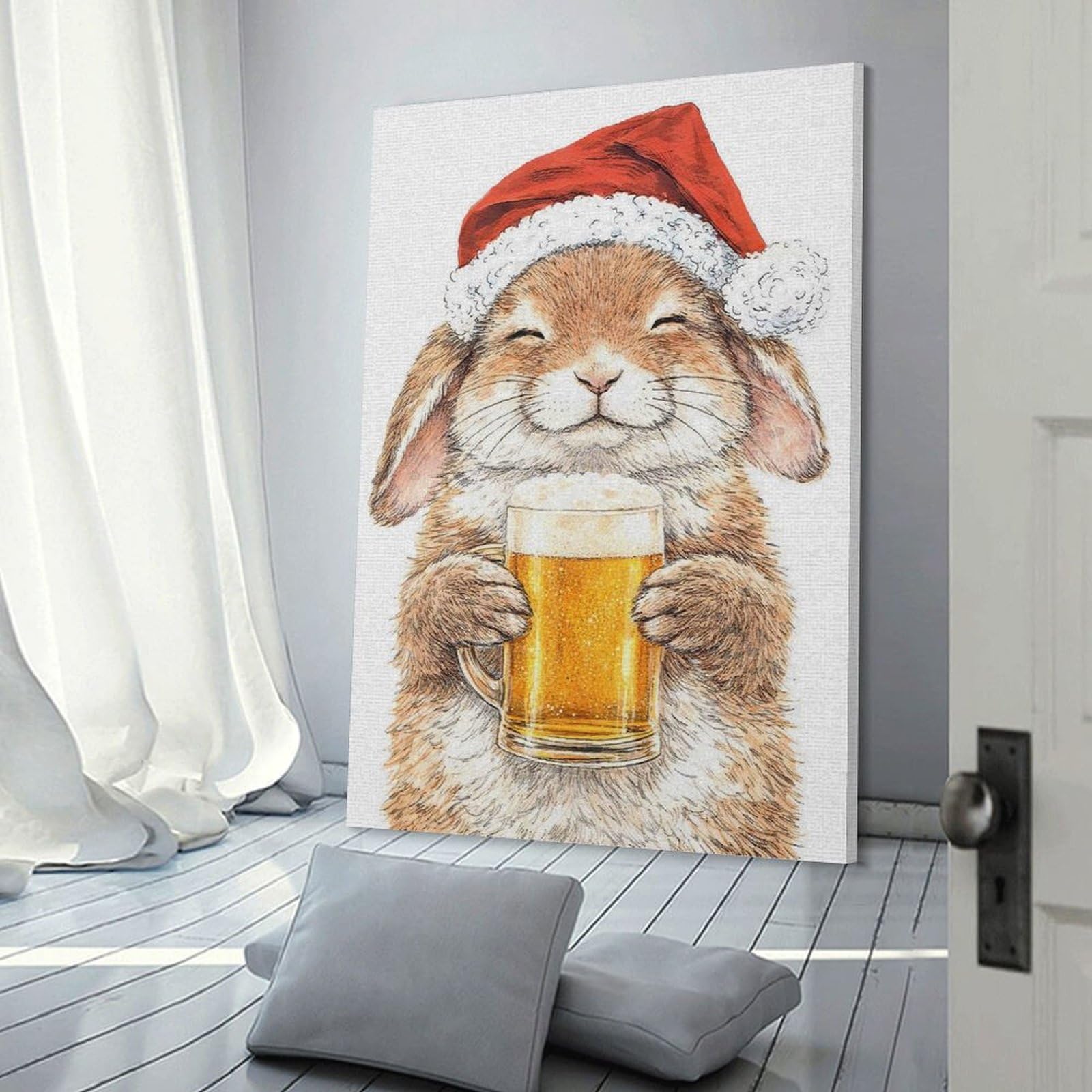 Junmoney Canvas Wall Art Bunny in Santa Hat with Beer, 24x36inch(60x90cm), for New Homes, Bedrooms Or Workspaces, Canvas Artwork with Gifting Potential